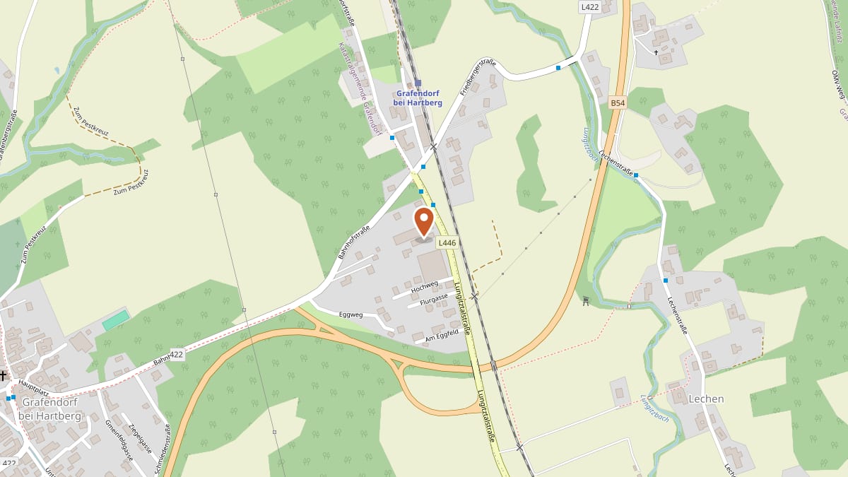 Kartenausschnitt: Der Geflügelhof Schweiger liegt an der Lungitztalstraße in Grafendorf bei Hartberg, östlich des Ortskerns nahe der B54.